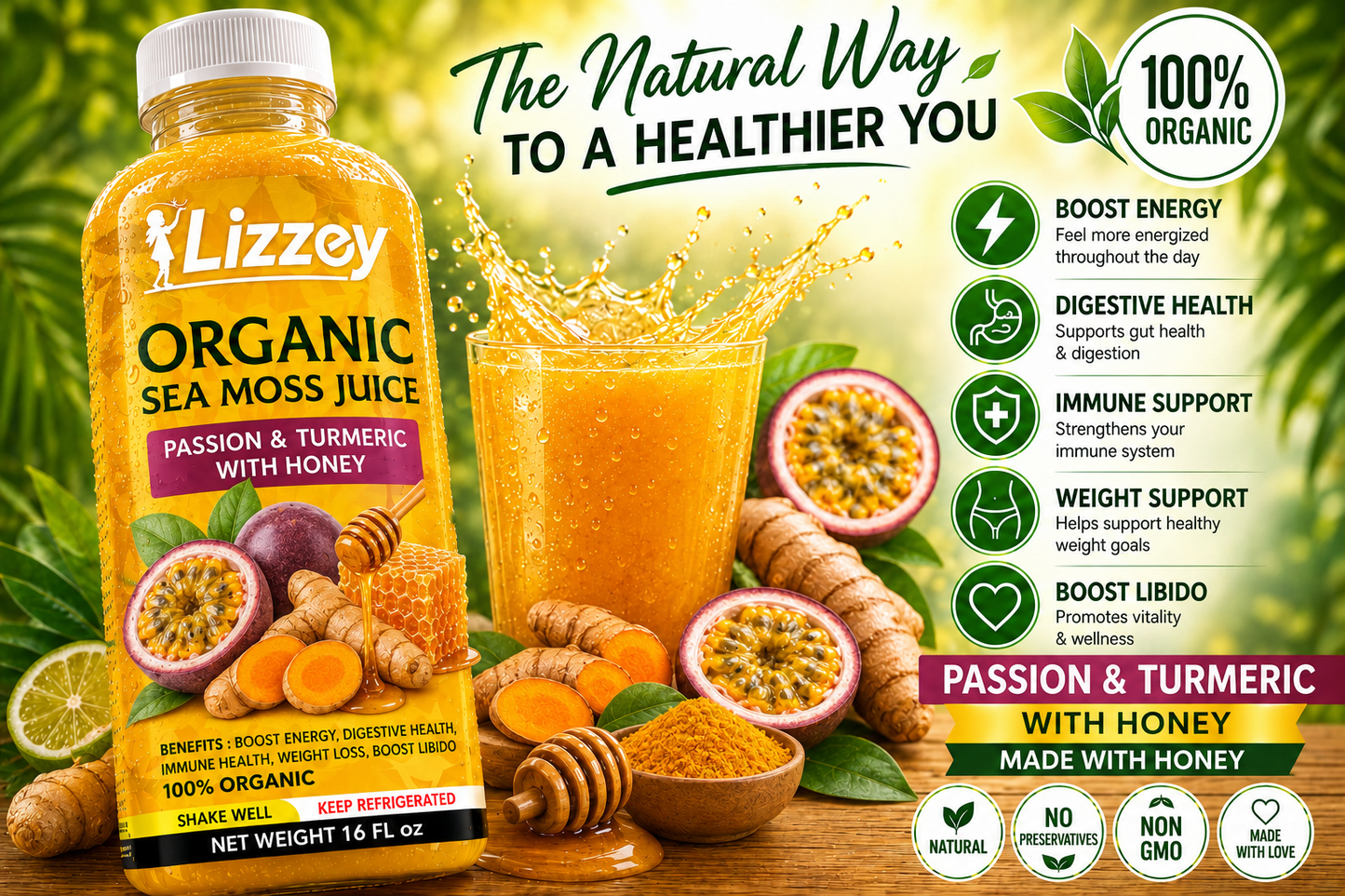 Organic Sea Moss Juice — Passion & Turmeric with Honey