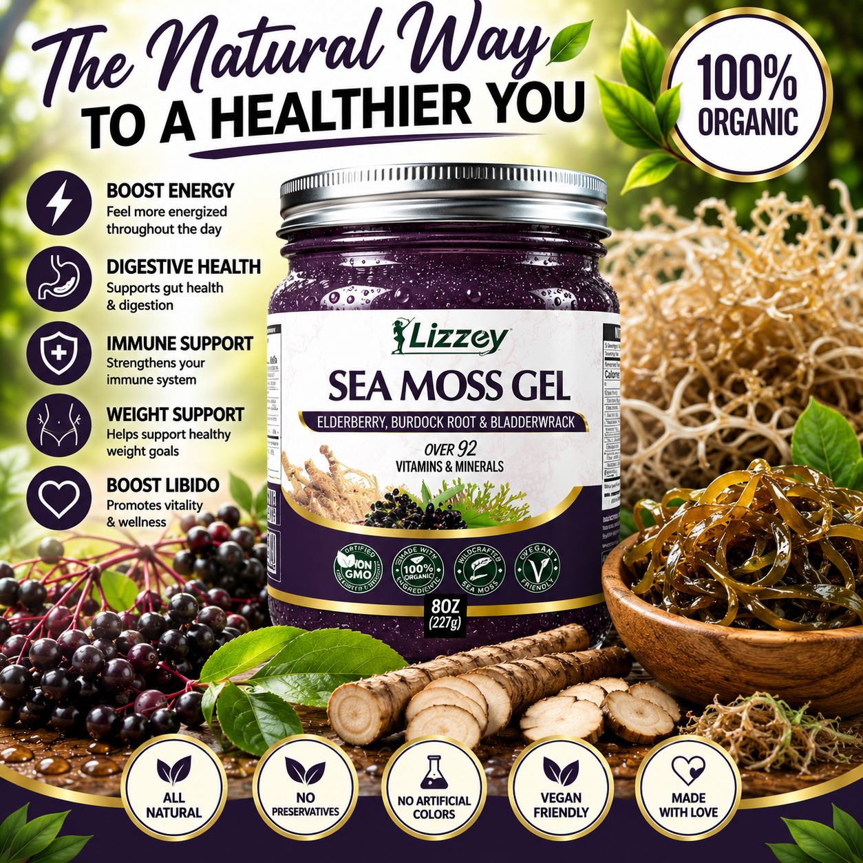 Organic Sea Moss Gel — Elderberry, Burdock Root & Bladderwrack