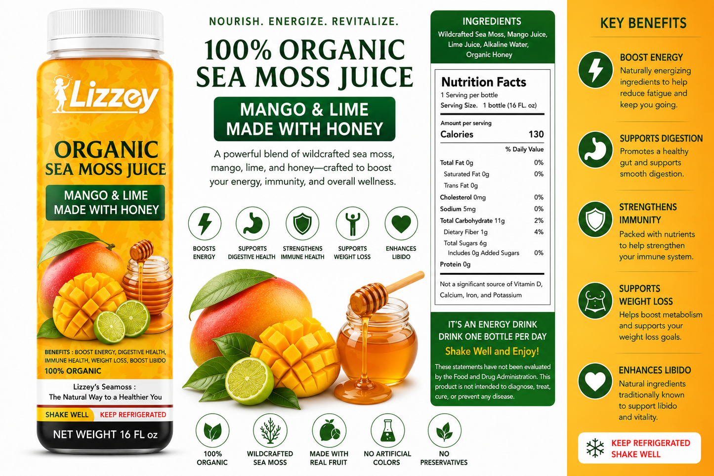 Organic Sea Moss Juice — Mango & Lime with Honey