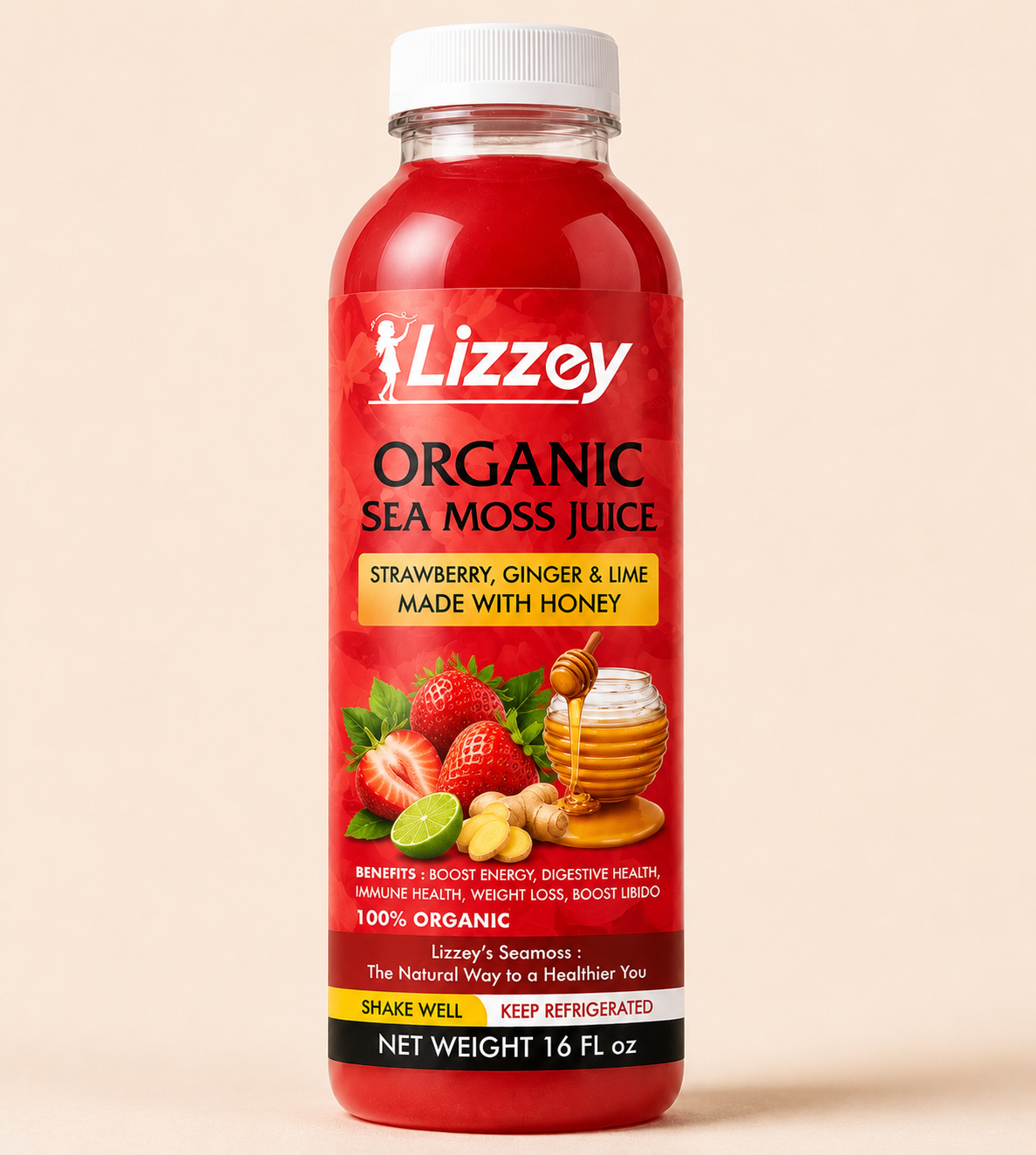 Organic Sea Moss Juice — Strawberry, Ginger & Lime with Honey