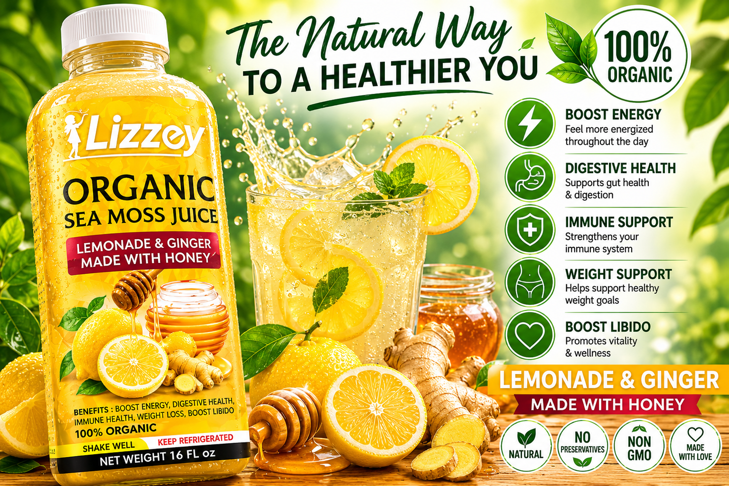 Organic Sea Moss Juice — Lemonade & Ginger with Honey