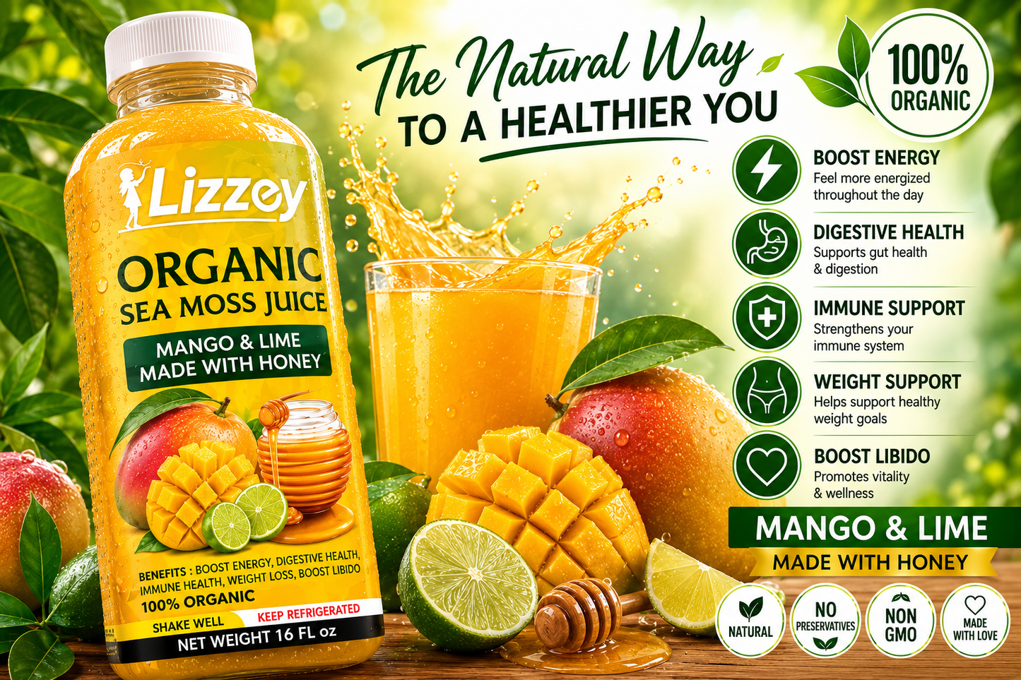 Organic Sea Moss Juice — Mango & Lime with Honey
