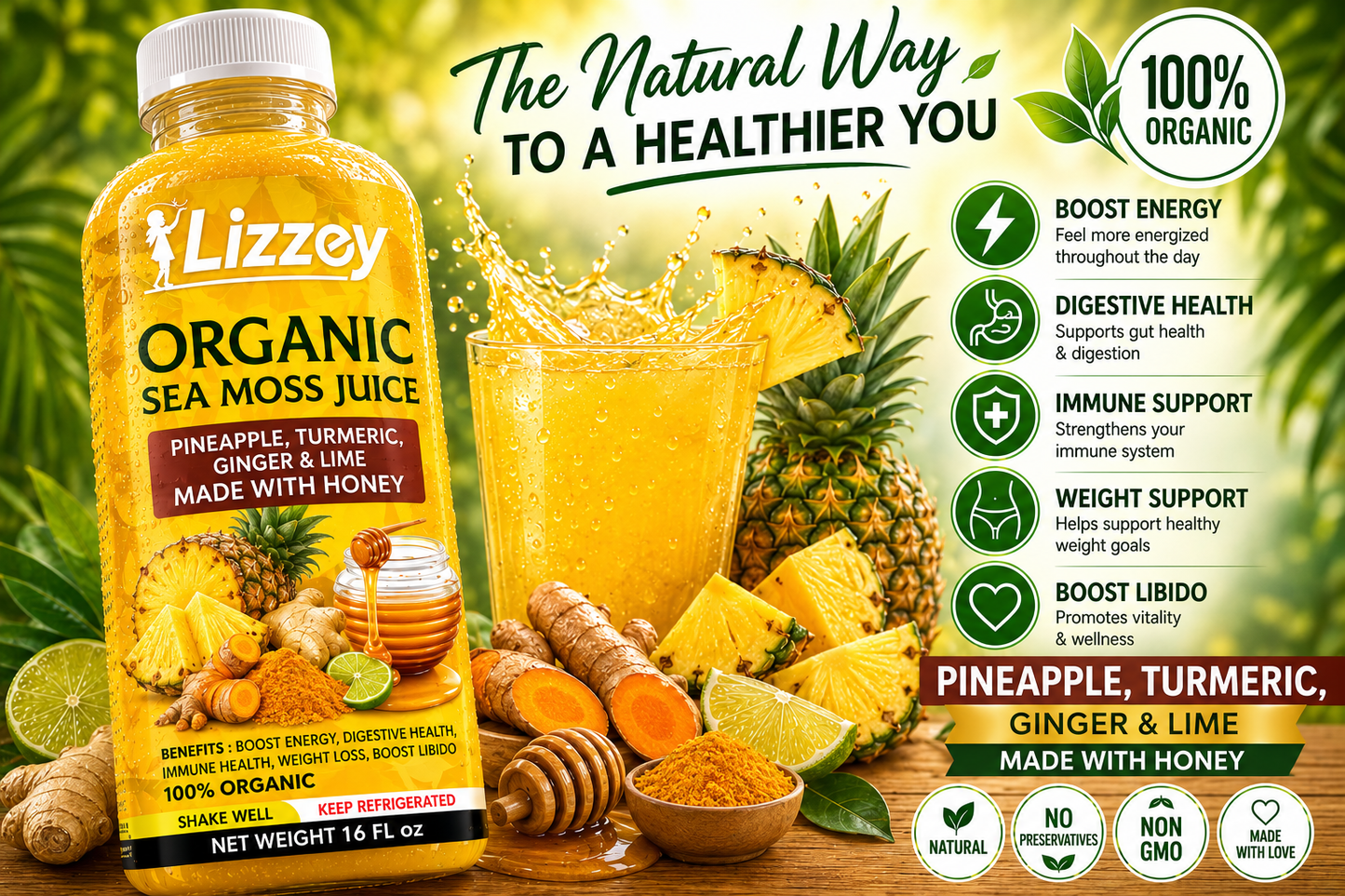 Organic Sea Moss Juice — Pineapple, Turmeric, Ginger & Lime with Honey