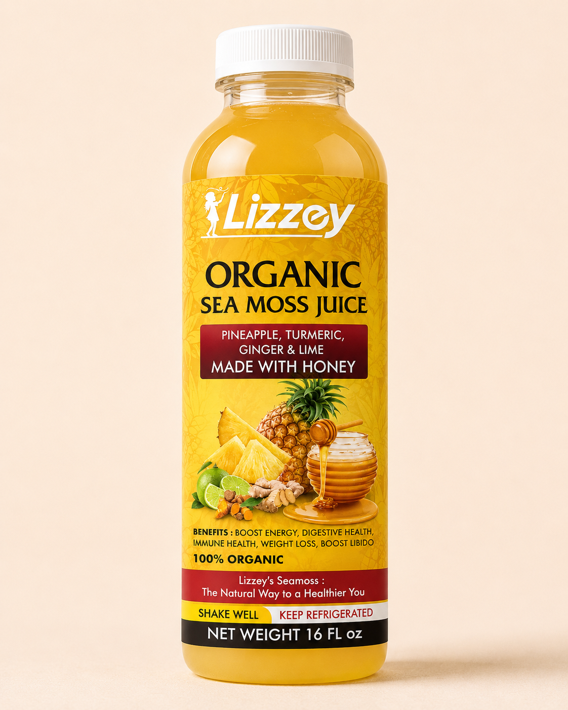 Organic Sea Moss Juice — Pineapple, Turmeric, Ginger & Lime with Honey