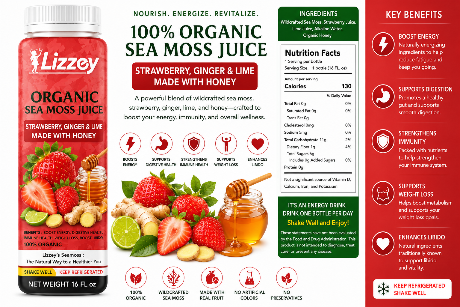 Organic Sea Moss Juice — Strawberry, Ginger & Lime with Honey